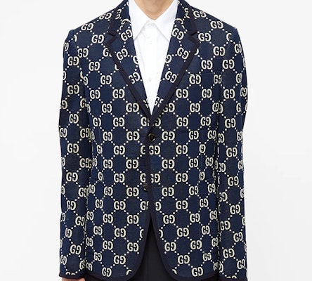 Gucci 海軍藍標誌提花單排扣西裝外套 521889-Z372F-4333 Lookbook Gucci 海軍藍標誌提花單排扣西裝外套 521889-Z372F-4333