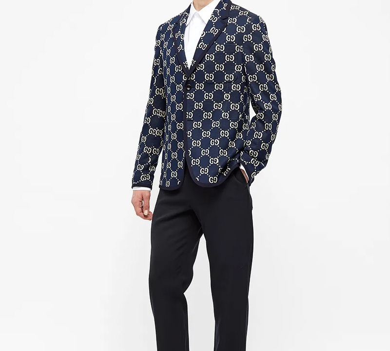 Shop Gucci 海軍藍標誌提花單排扣西裝外套 521889-Z372F-4333