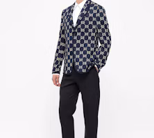 Shop Gucci 海軍藍標誌提花單排扣西裝外套 521889-Z372F-4333