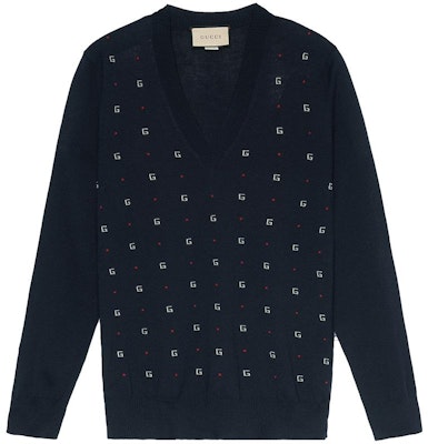 Gucci Navy Blue Polka Dot Monogram Jacquard Sweater 545628XKABL Buy Gucci Navy Blue Polka Dot Monogram Jacquard Sweater 545628XKABL
