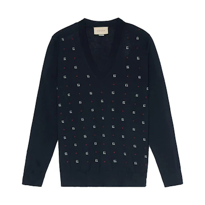 Gucci Navy Blue Polka Dot Monogram Jacquard Sweater 545628XKABL