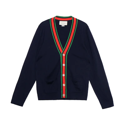 Gucci Navy Blue Wool V-Neck Polo Cardigan Sweater 576806-XKAUL-4548