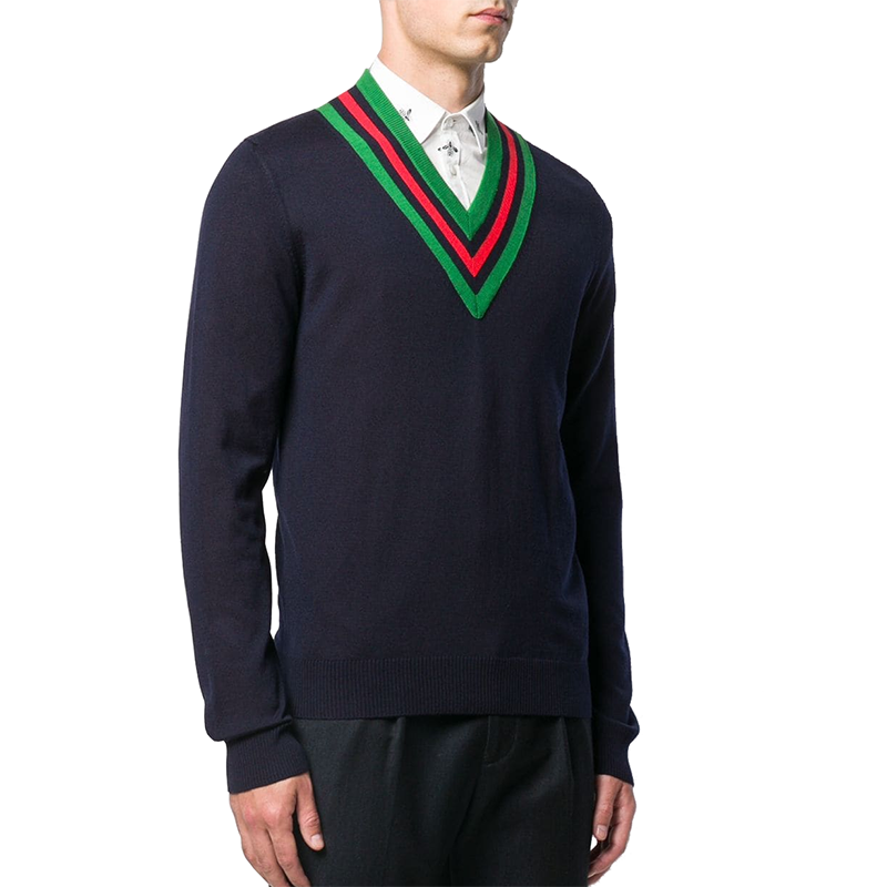 Shop GUCCI Baju Sejuk Rajut Wool Berjalur Navy 576802-XKAUK-4548