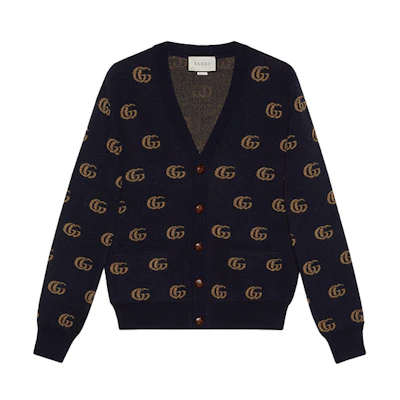 Gucci Navy V-Neck Logo Jacquard Cardigan Sweater 645291-XKBPF-4804