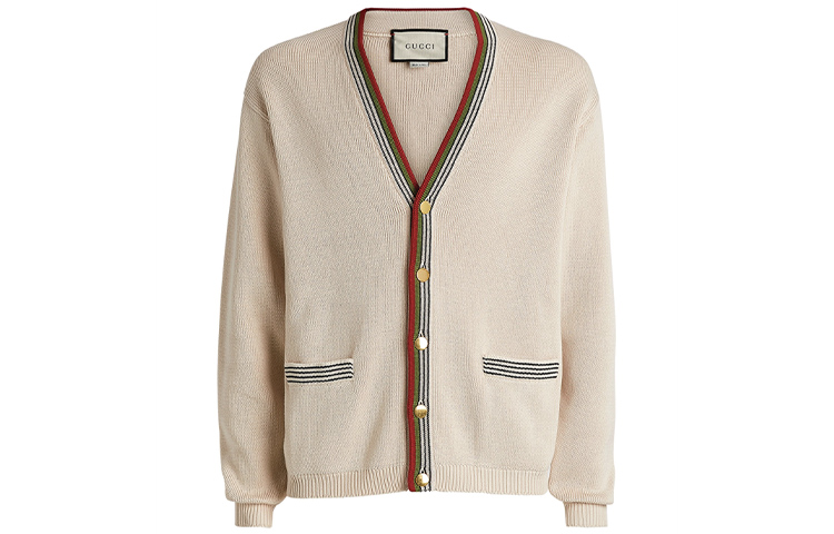 Gucci Off-White Knit Sweater with Red-Green Stripe and Gold Buckle 626268-XKBFU-9750