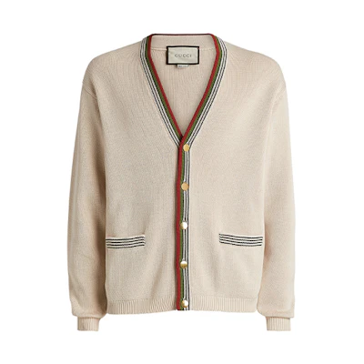 Gucci Off-White Knit Sweater with Red-Green Stripe and Gold Buckle 626268-XKBFU-9750