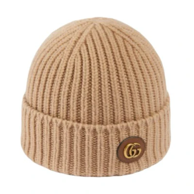 GUCCI Oval Double G Patch Wool & Cashmere Knit Beanie Brown Unisex Couples. 7645943GB029800