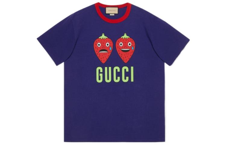 GUCCI Pablo Delcielo SS22 Strawberry Logo Oversized Unisex T-Shirt Blue 703439XJEI04409