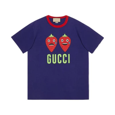 GUCCI Pablo Delcielo SS22 Strawberry Logo Oversized Unisex T-Shirt Blue 703439XJEI04409