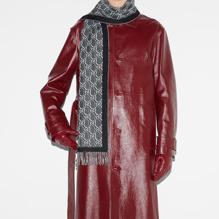 GUCCI Pattern Design Wool Knit Scarf Unisex Couple Style Grey 7952764G200 圖 4