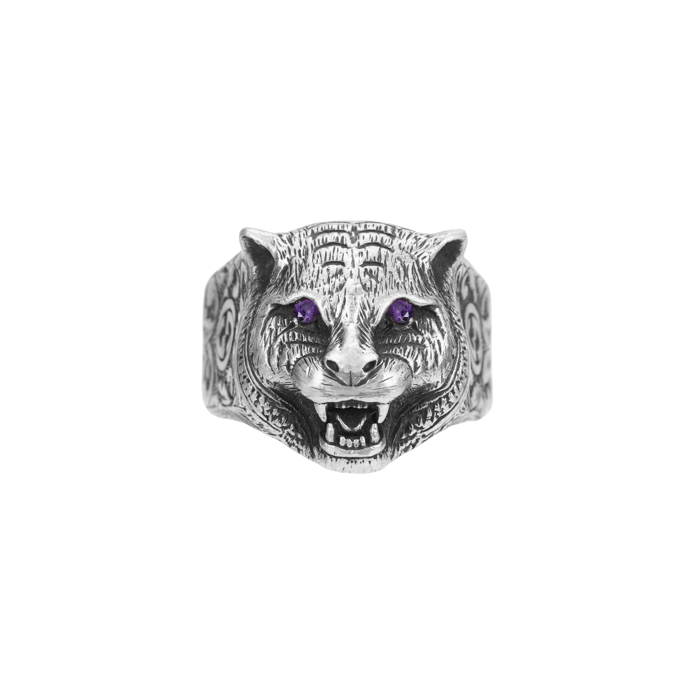 GUCCI Purple Crystal Eyes Garden Cat Silver Ring for Men 524585-J2965-8164