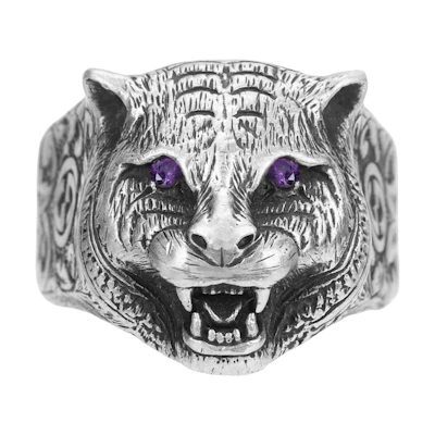 GUCCI Purple Crystal Eyes Garden Cat Silver Ring for Men 524585-J2965-8164