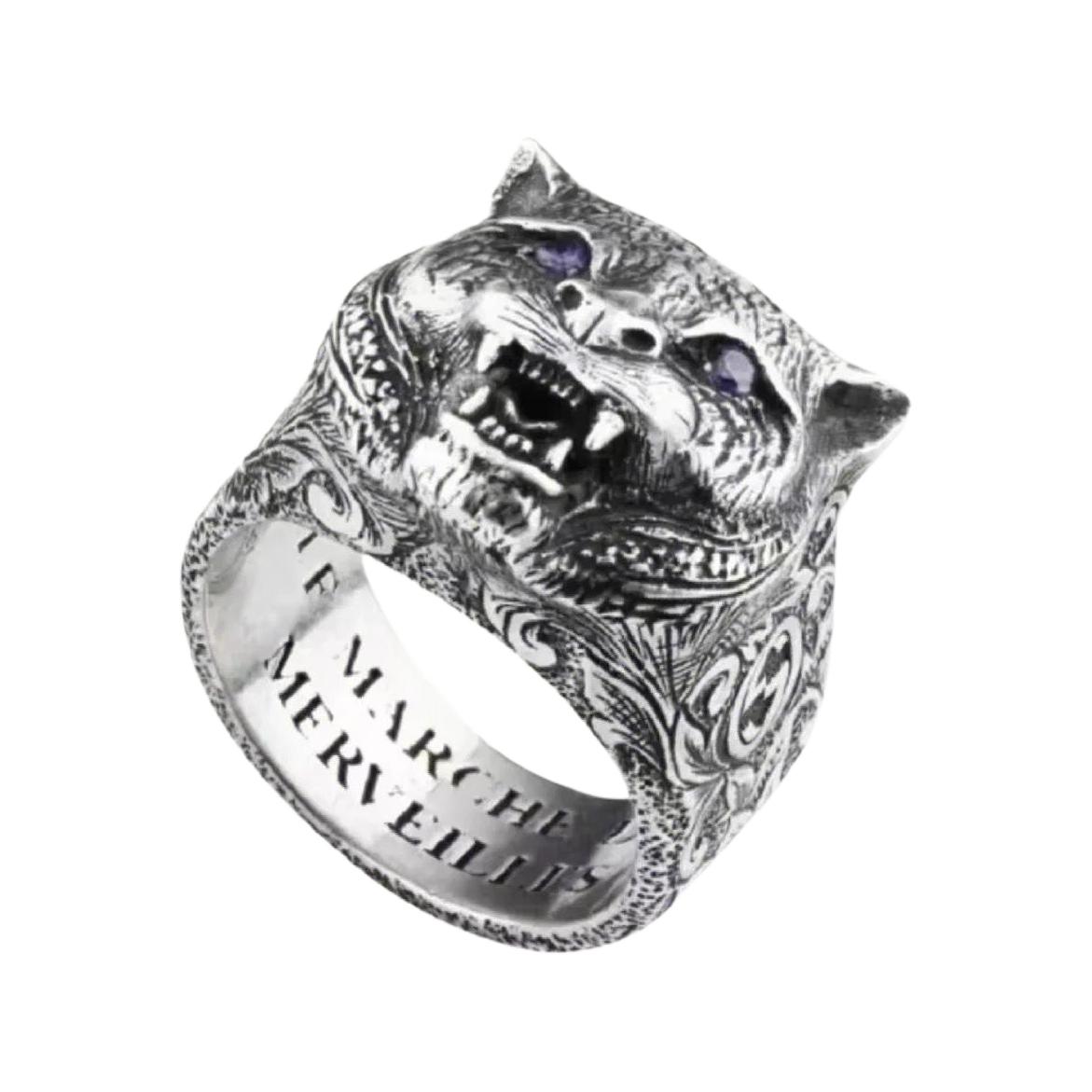 Order GUCCI Purple Crystal Eyes Garden Cat Silver Ring for Men 524585-J2965-8164