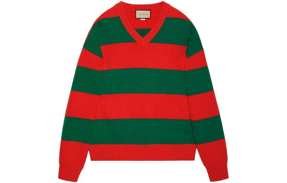 Gucci Red and Green Striped V-Neck Pullover Sweater 763344-XKDNH-6565