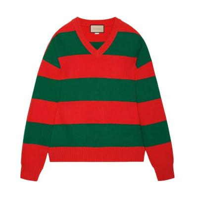 Gucci Red and Green Striped V-Neck Pullover Sweater 763344-XKDNH-6565