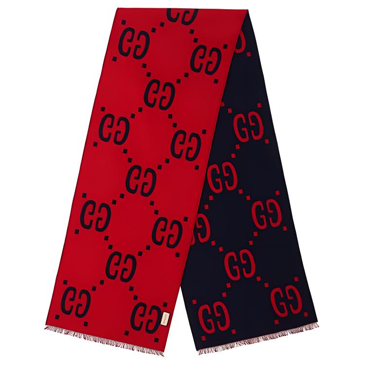 GUCCI Red/Blue Wool & Silk Jacquard GG Pattern Scarf 495592-4G350-4074