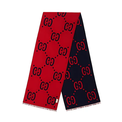 GUCCI Red/Blue Wool & Silk Jacquard GG Pattern Scarf 495592-4G350-4074