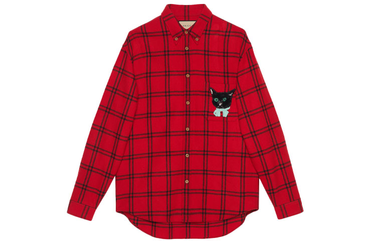 GUCCI Red Long-Sleeve Shirt with Cat Patch and Button-Down Collar. 663380-ZAHB1-6153