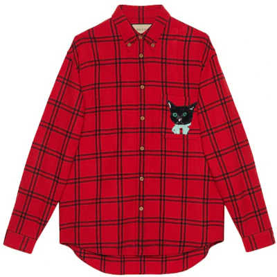 GUCCI Red Long-Sleeve Shirt with Cat Patch and Button-Down Collar. 663380-ZAHB1-6153 Buy GUCCI Red Long-Sleeve Shirt with Cat Patch and Button-Down Collar. 663380-ZAHB1-6153
