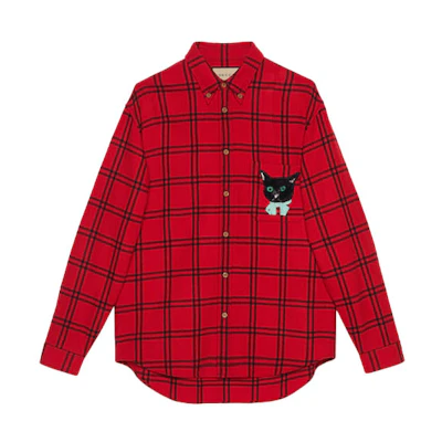GUCCI Red Long-Sleeve Shirt with Cat Patch and Button-Down Collar. 663380-ZAHB1-6153