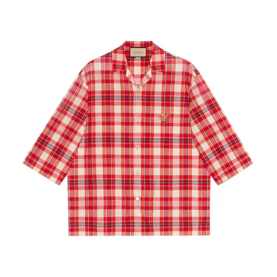 Gucci Red Plaid Short Sleeve Shirt with Animal Embroidery 653446-ZAG0O-6172