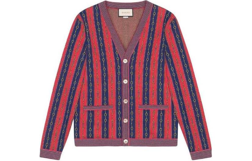 Gucci Red V-neck Striped Button-Up Slim Fit Sweater 572622-XKAKW-4915