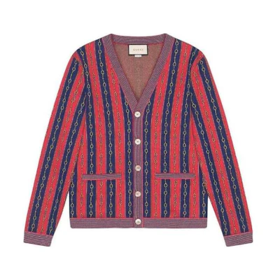 Gucci Red V-neck Striped Button-Up Slim Fit Sweater 572622-XKAKW-4915