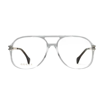 GUCCI Silver Metal Aviator Optical Frames with Cut-Out Lettering for Men. 692786J07401891