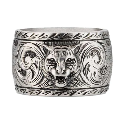 GUCCI Silver Tiger Head Wide Band 925 Silver Unisex Couple Ring Silver 433573-J8400-0811