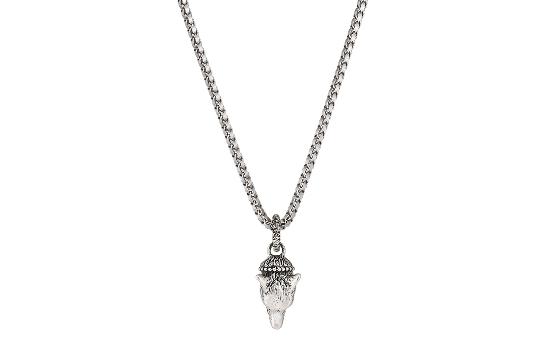 GUCCI Silver Wolf Head Pendant Necklace 925 Sterling Silver for Men. 524122-J8400-0811