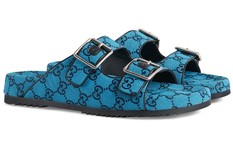 Lookbook Gucci Slide Sandale Riemen ''Hellblau Monogramm'' 663654-9SFV0-4276