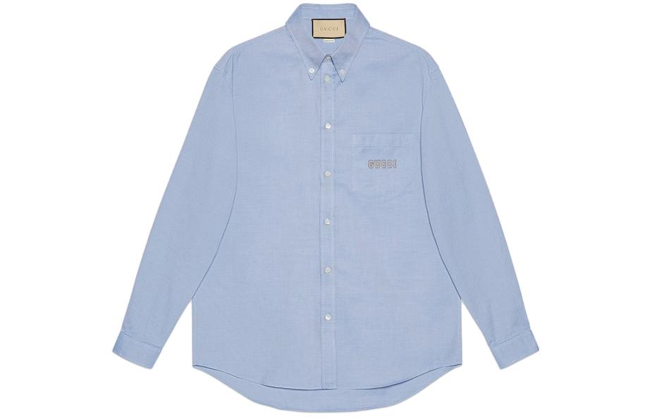 Gucci Solid Blue Long Sleeve Fitted Collared Shirt 742711-ZANVG-4069