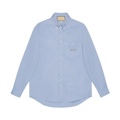 Gucci Solid Blue Long Sleeve Fitted Collared Shirt 742711-ZANVG-4069