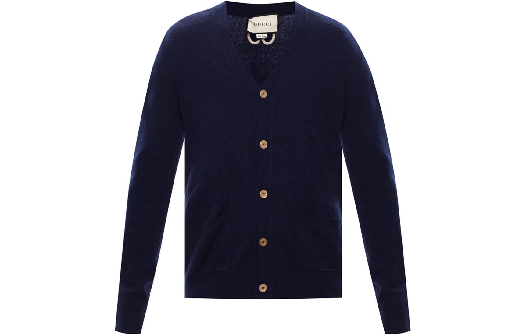 Gucci Solid V-neck Long Sleeve Knit Cardigan Navy Blue 599866-XKA5B-4440