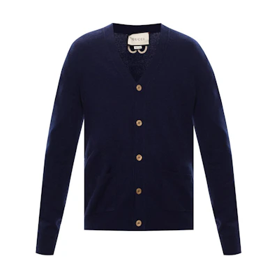 Gucci Solid V-neck Long Sleeve Knit Cardigan Navy Blue 599866-XKA5B-4440