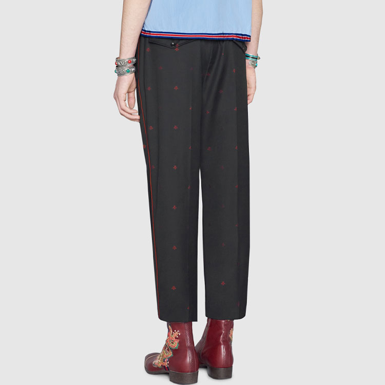 Shop GUCCI SS20 Pantalones Casuales de Lana con Patrón de Abeja Negros 522941-Z589E-4633