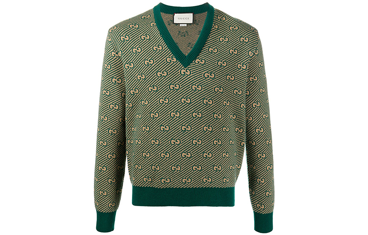 Gucci SS21 Green V-Neck Alphabet Pattern Wool Sweater 626643-XKBFZ-3119