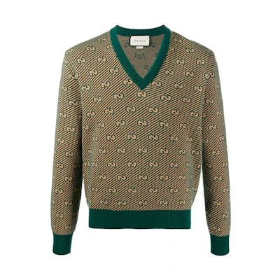 Gucci SS21 Green V-Neck Alphabet Pattern Wool Sweater 626643-XKBFZ-3119