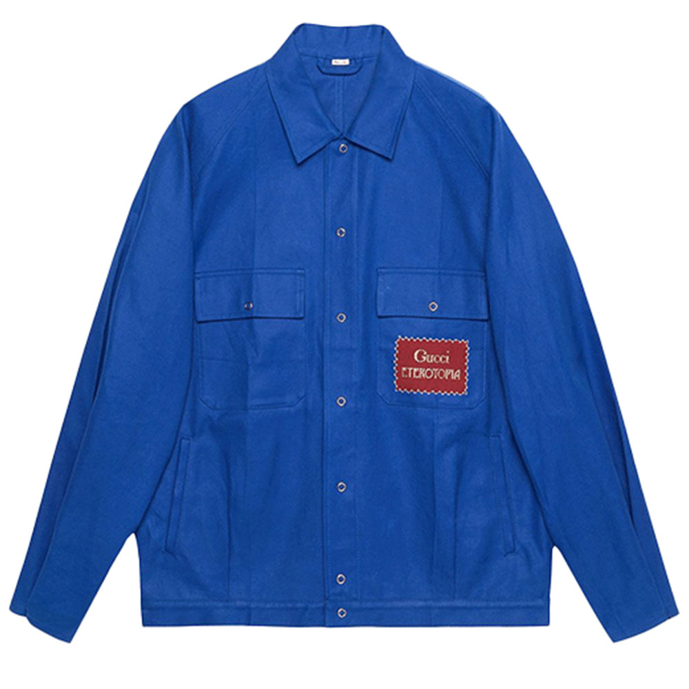 Gucci SS21 Loose-Fit Blue Logo Patch Long-Sleeve Jacket 621103-XDA31-4413