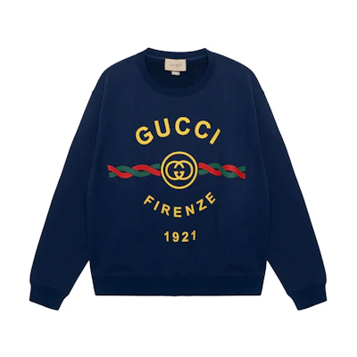 GUCCI SS22 1921 Collection Logo Print Crewneck Long Sleeve Sweatshirt Blue Men 626990-XJD7O-4409