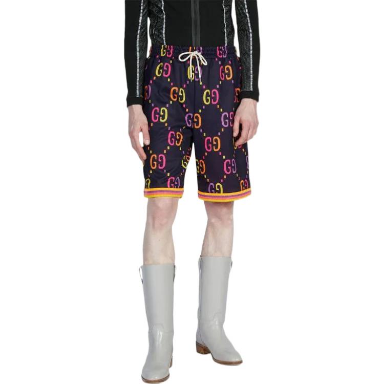 Shop GUCCI SS22 Seluar Pendek Biru Double G Monogram dengan Tali Serut 701630-XJELH-4681