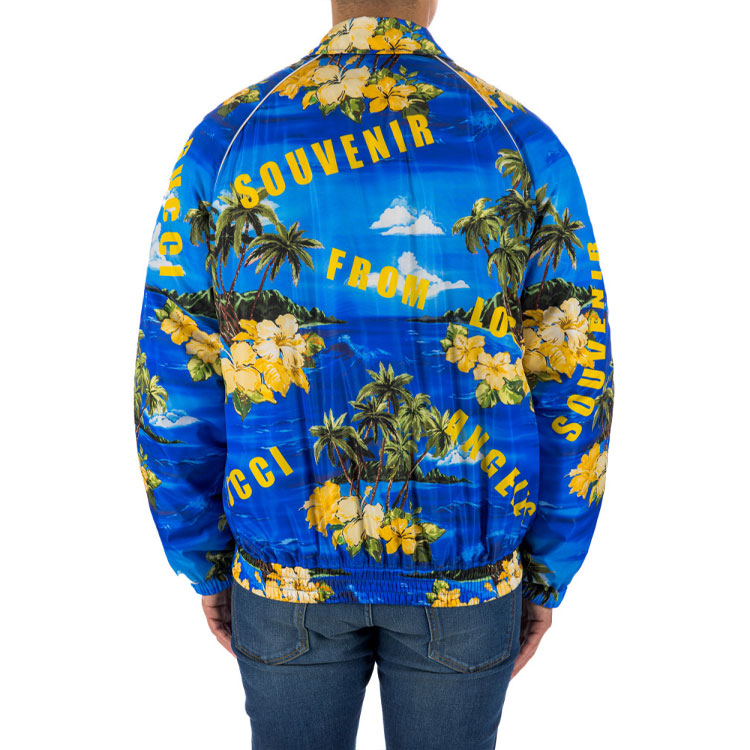 Shop GUCCI SS22  Blue Letter Print Single-Breasted Loose-Fit Jacket. 694137-ZAJI0-4216