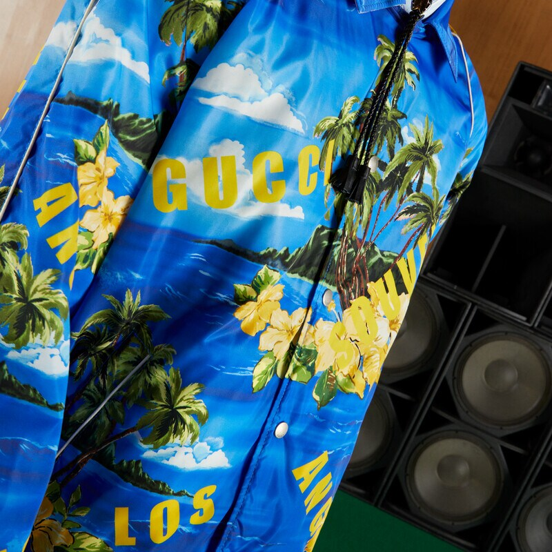 Purchase GUCCI SS22  Blue Letter Print Single-Breasted Loose-Fit Jacket. 694137-ZAJI0-4216