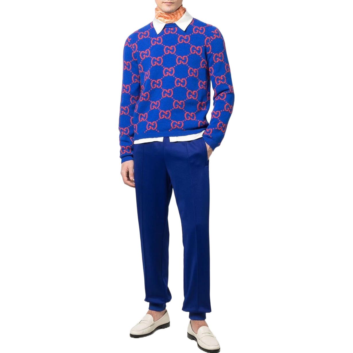 Lookbook GUCCI SS22 Celana Jogger Knit Biru dengan Logo Print dan Drawstring. 673755-XJDUZ-4648