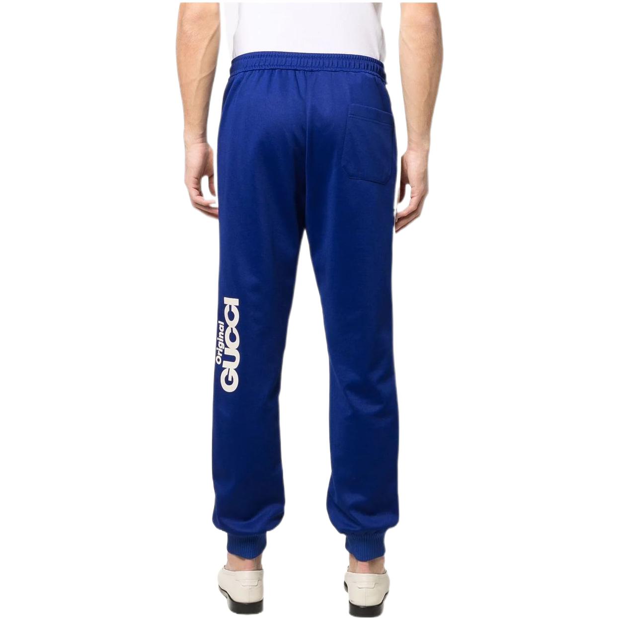 Purchase GUCCI SS22 Celana Jogger Knit Biru dengan Logo Print dan Drawstring. 673755-XJDUZ-4648