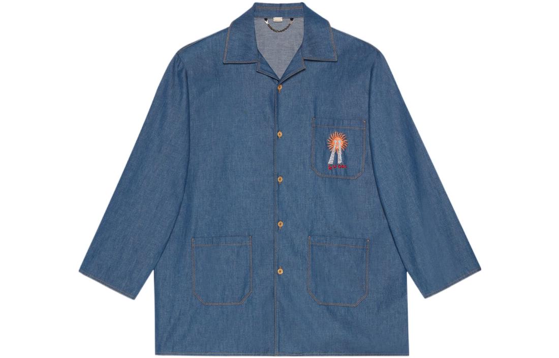 GUCCI SS22  Blue Long-Sleeve Denim Embroidered Oversized Shirt. 705856-XDB22-4759
