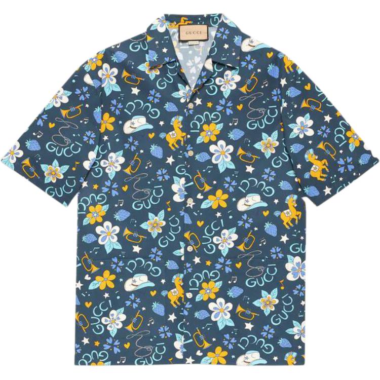 Buy GUCCI SS22 藍色復古花卉字母短袖襯衫 690465-ZAITH-4520