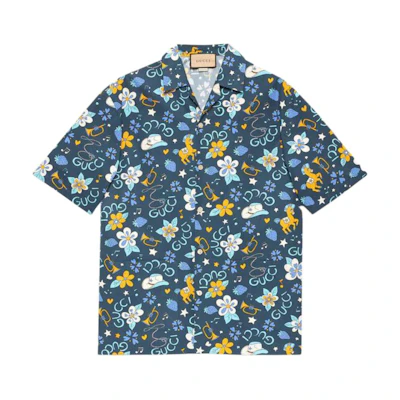 GUCCI SS22 Blue Retro Floral Monogram Short-Sleeve Shirt. 690465-ZAITH-4520