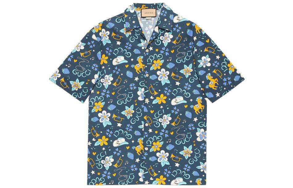 Order GUCCI SS22 藍色復古花卉字母短袖襯衫 690465-ZAITH-4520
