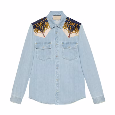 GUCCI SS22 Light Blue Floral Print Long Sleeve Button-Up Shirt. 692271-XDBYI-4452